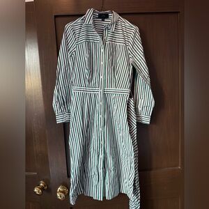 J. Crew Green and White Striped Tie-Waist Midi Shirt Dress - 100% Cotton -Belted